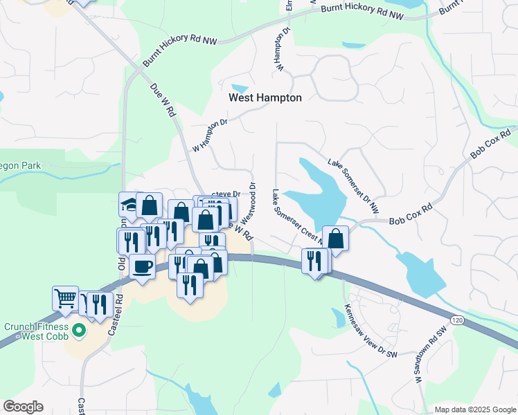 map of restaurants, bars, coffee shops, grocery stores, and more near 120 Westwood Drive in Marietta