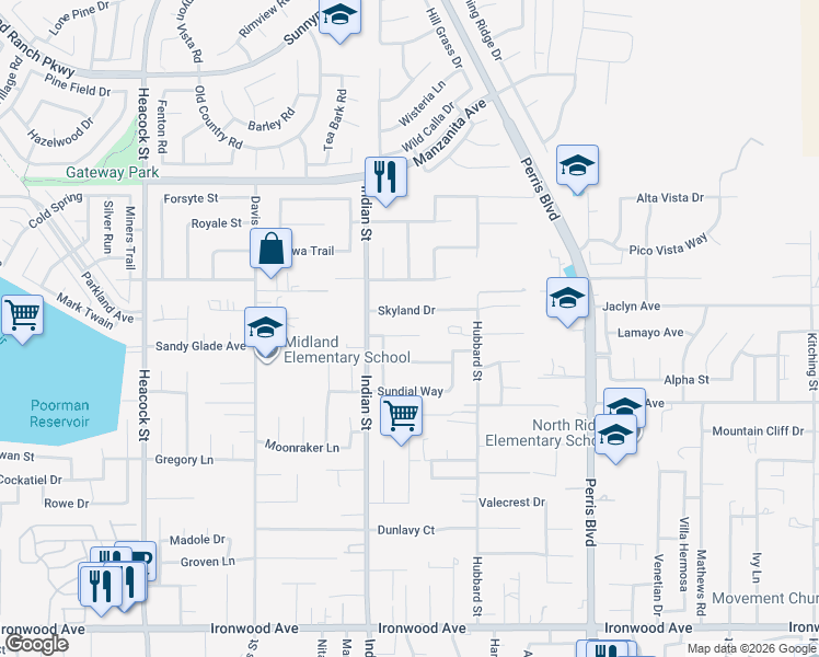 map of restaurants, bars, coffee shops, grocery stores, and more near 24596 Skyrock Drive in Moreno Valley