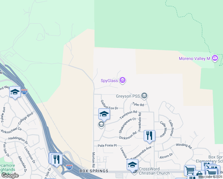 map of restaurants, bars, coffee shops, grocery stores, and more near 21159 Jennings Court in Moreno Valley