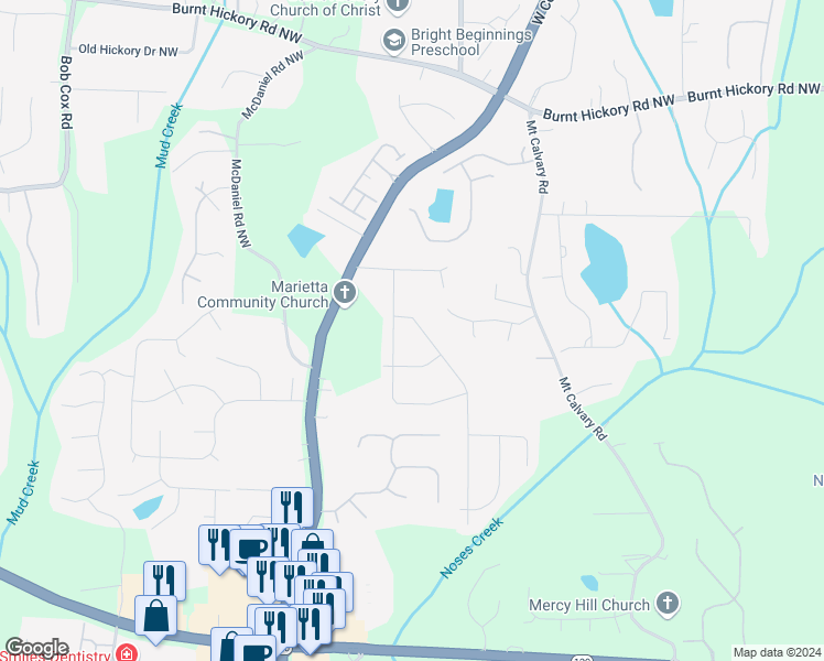 map of restaurants, bars, coffee shops, grocery stores, and more near 262 Rock Garden Terrace North West in Marietta