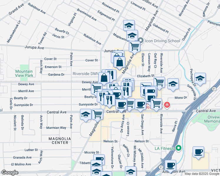 map of restaurants, bars, coffee shops, grocery stores, and more near 3965 Merrill Avenue in Riverside