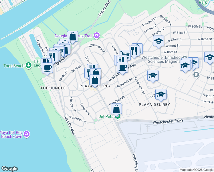 map of restaurants, bars, coffee shops, grocery stores, and more near 8236 West Manchester Avenue in Los Angeles