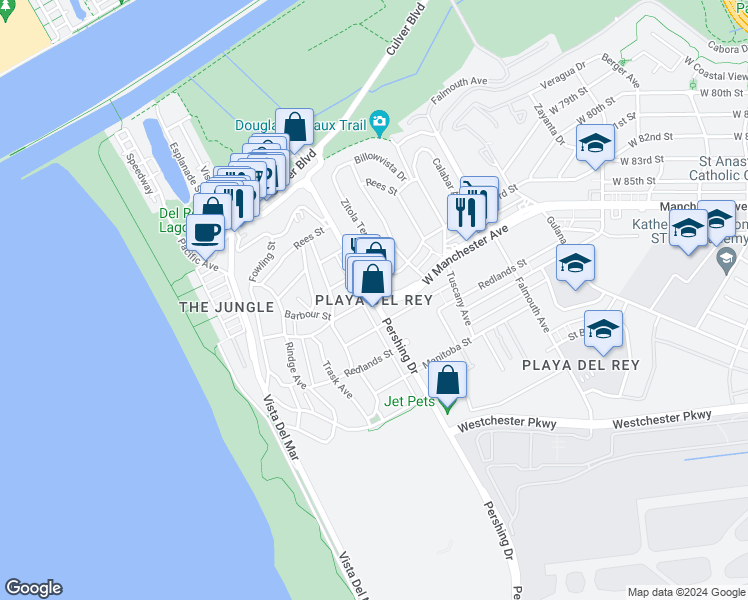 map of restaurants, bars, coffee shops, grocery stores, and more near 7742 Redlands Street in Los Angeles