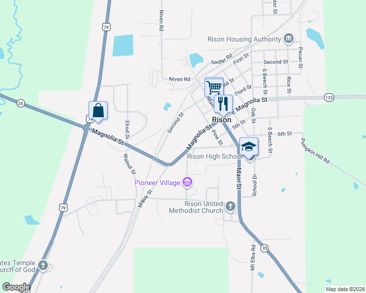 map of restaurants, bars, coffee shops, grocery stores, and more near 270 Highway 63 Highway in Rison
