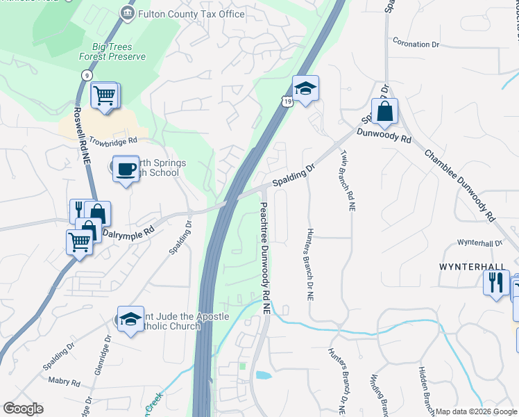 map of restaurants, bars, coffee shops, grocery stores, and more near 7375 Peachtree Dunwoody Road in Atlanta