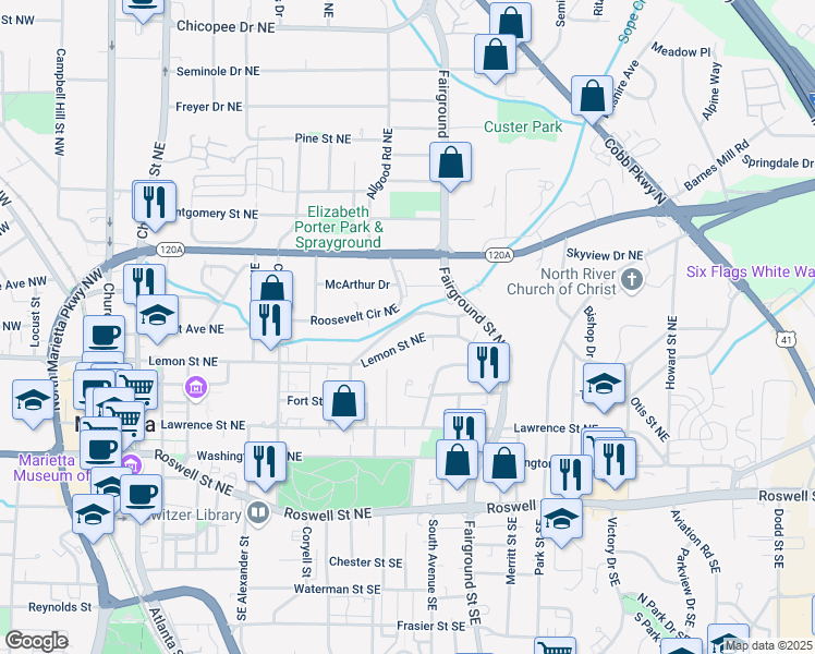 map of restaurants, bars, coffee shops, grocery stores, and more near 472 Rigby Street Northeast in Marietta