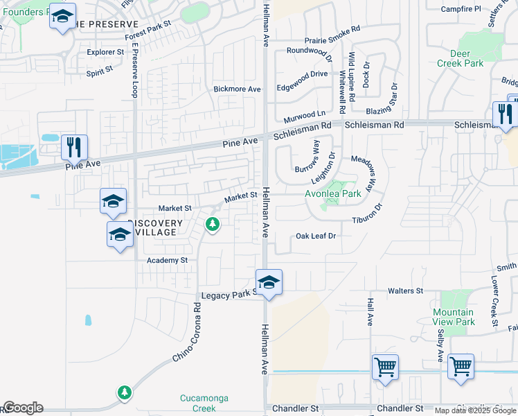 map of restaurants, bars, coffee shops, grocery stores, and more near 16383 Globetrotter Avenue in Chino