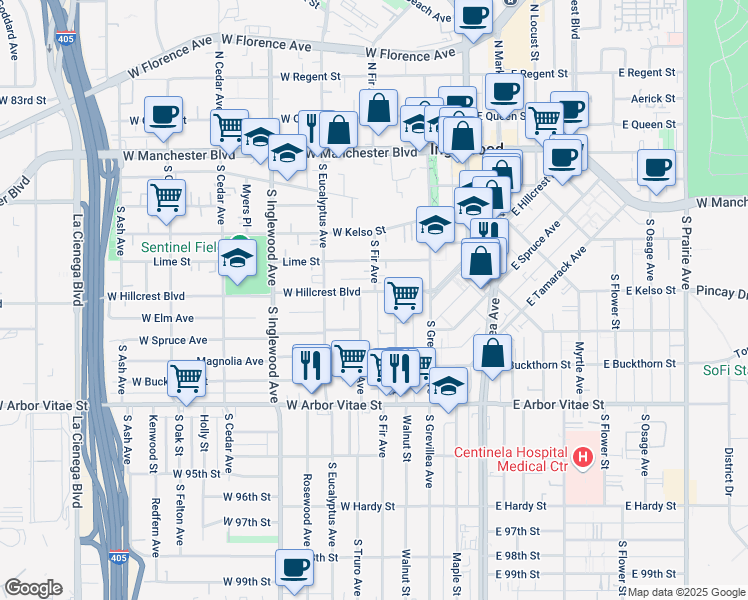map of restaurants, bars, coffee shops, grocery stores, and more near 521 South Fir Avenue in Inglewood