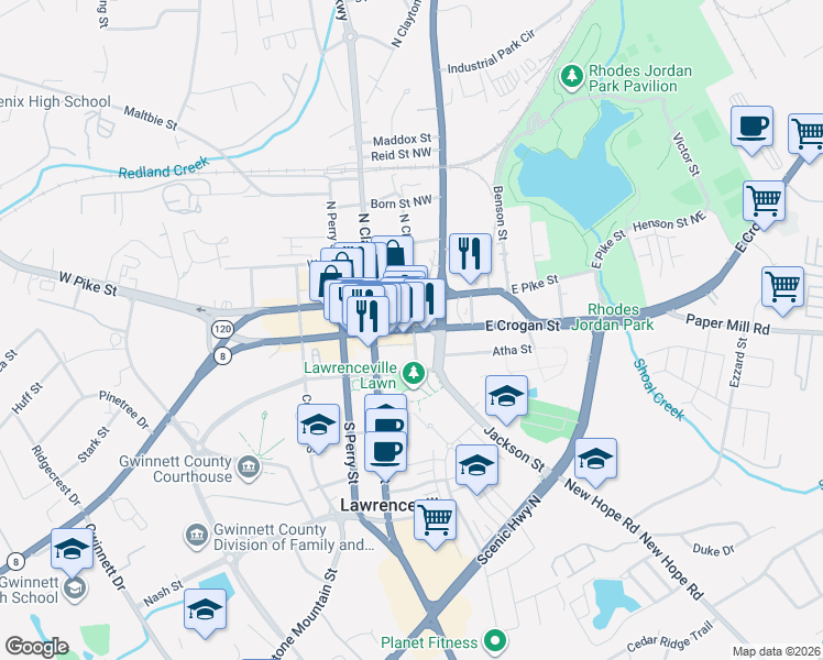 map of restaurants, bars, coffee shops, grocery stores, and more near 122 East Crogan Street in Lawrenceville