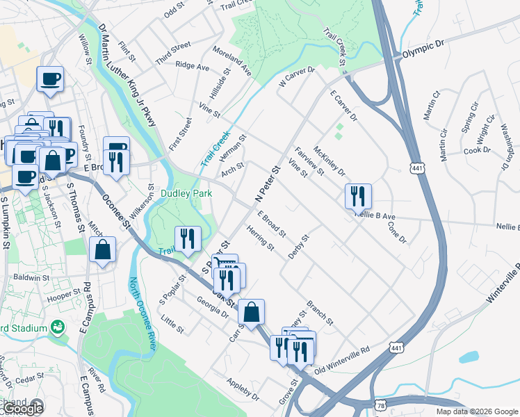 map of restaurants, bars, coffee shops, grocery stores, and more near 137 North Peter Street in Athens