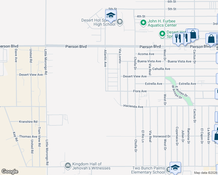 map of restaurants, bars, coffee shops, grocery stores, and more near 65565 Acoma Avenue in Desert Hot Springs