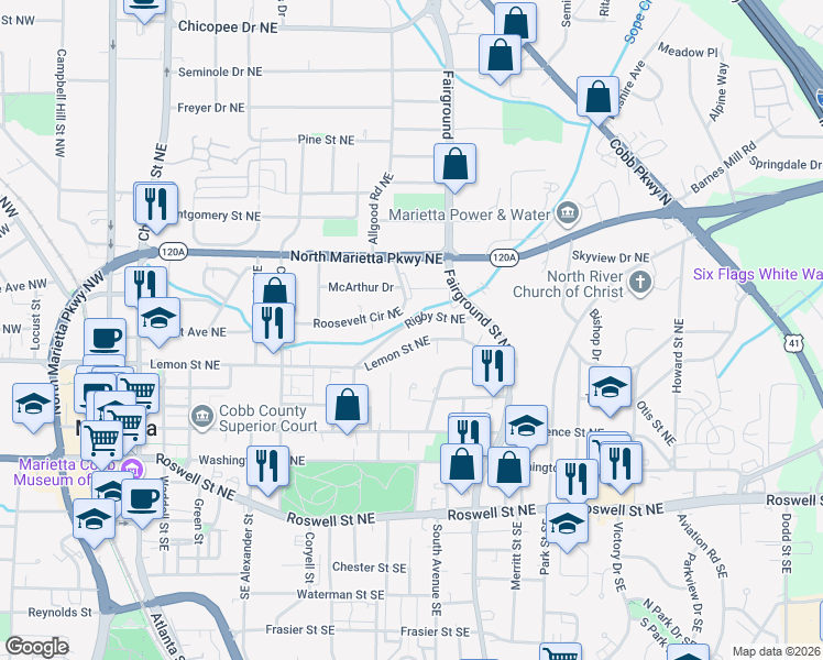 map of restaurants, bars, coffee shops, grocery stores, and more near 446 Roosevelt Circle Northeast in Marietta