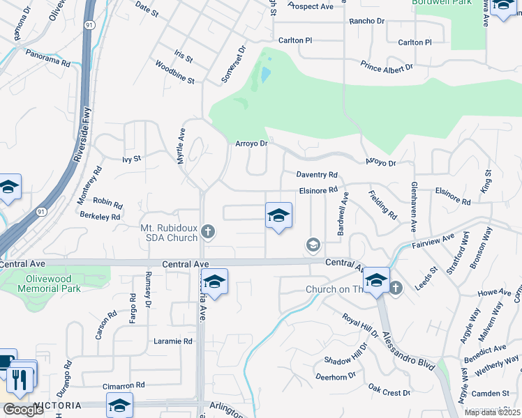map of restaurants, bars, coffee shops, grocery stores, and more near 5201 Stonewood Drive in Riverside