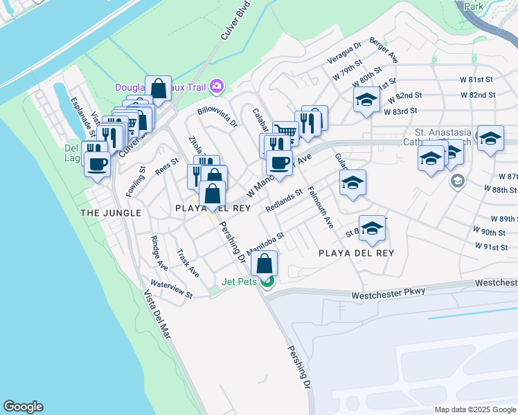 map of restaurants, bars, coffee shops, grocery stores, and more near 8219 Redlands Street in Los Angeles