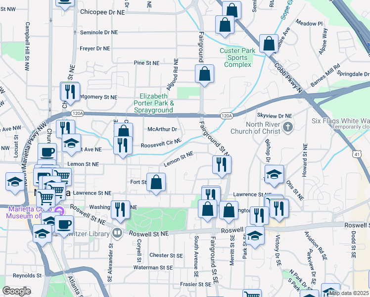 map of restaurants, bars, coffee shops, grocery stores, and more near 446 Roosevelt Circle Northeast in Marietta