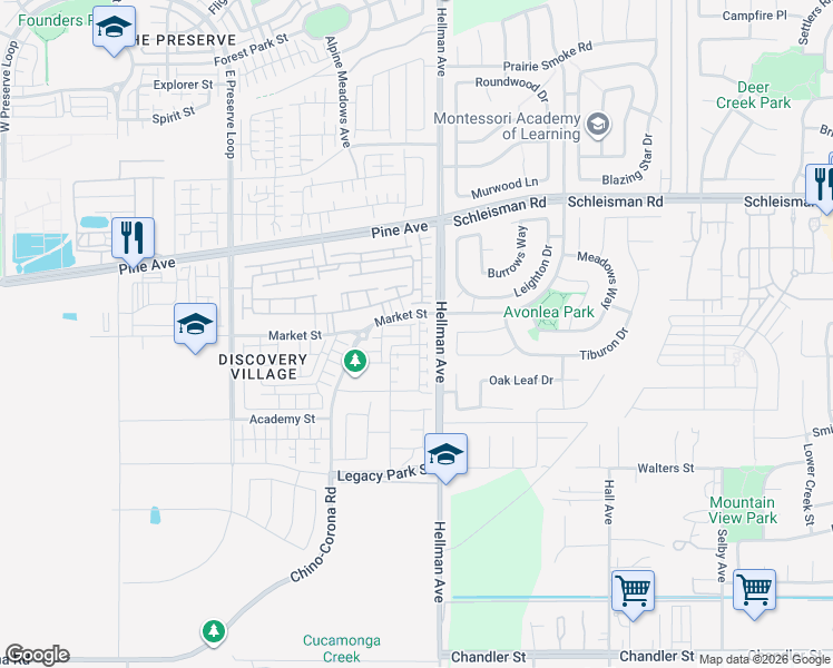 map of restaurants, bars, coffee shops, grocery stores, and more near 16452 Globetrotter Avenue in Chino