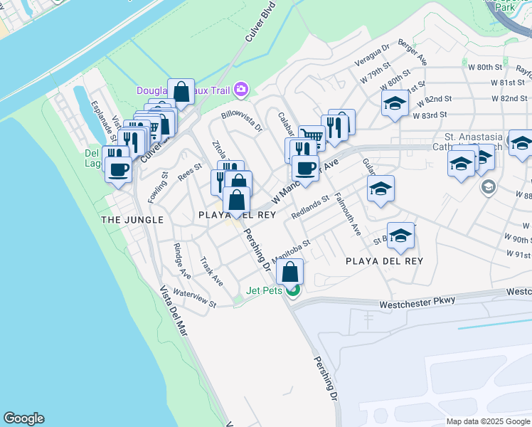 map of restaurants, bars, coffee shops, grocery stores, and more near 8236 West Manchester Avenue in Los Angeles