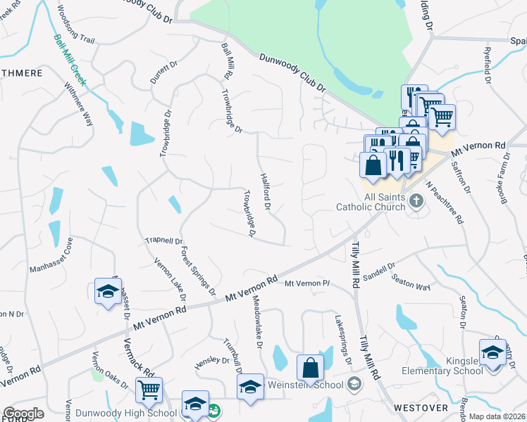 map of restaurants, bars, coffee shops, grocery stores, and more near 5354 Hallford Drive in Dunwoody