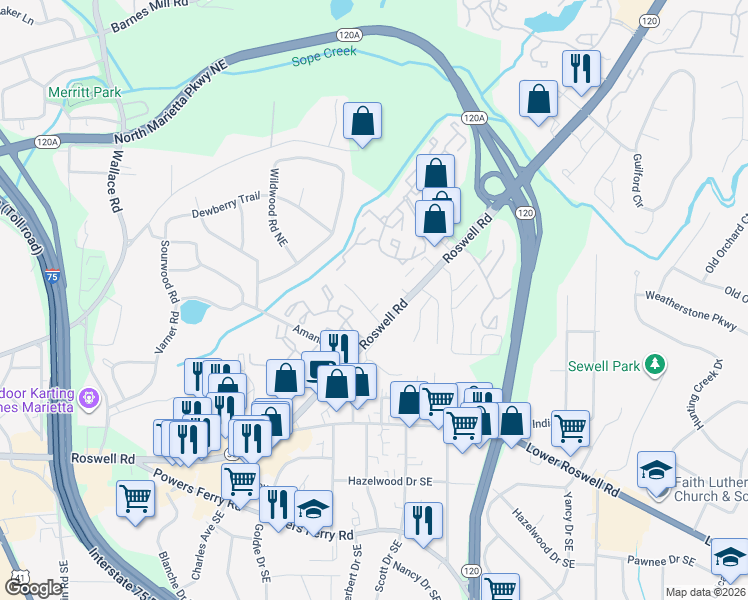 map of restaurants, bars, coffee shops, grocery stores, and more near 1705 Roswell Road in Marietta