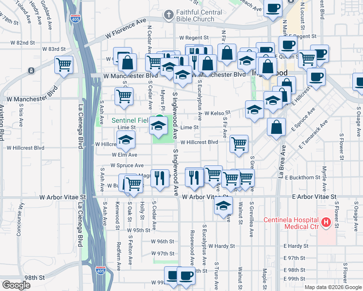 map of restaurants, bars, coffee shops, grocery stores, and more near 336 West Hillcrest Boulevard in Inglewood