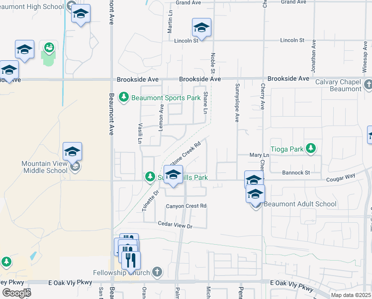 map of restaurants, bars, coffee shops, grocery stores, and more near 1657 Stone Creek Road in Beaumont