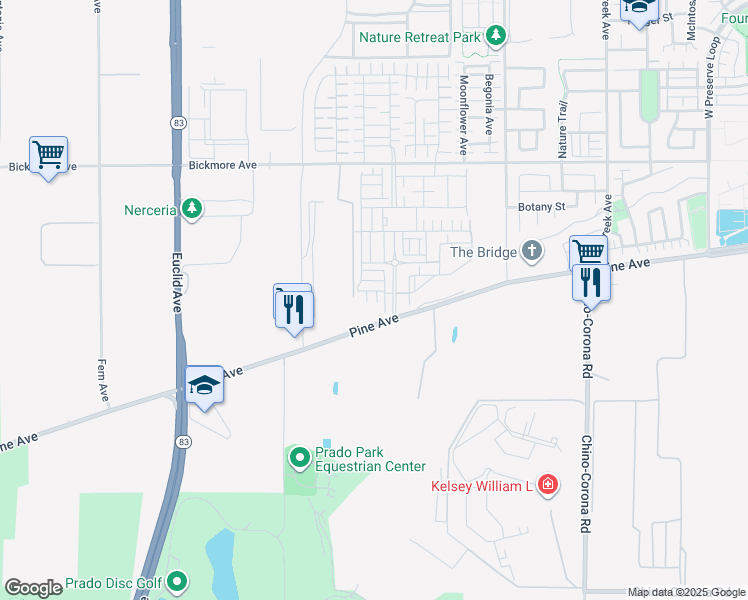 map of restaurants, bars, coffee shops, grocery stores, and more near 7447 Armeria Lane in Chino