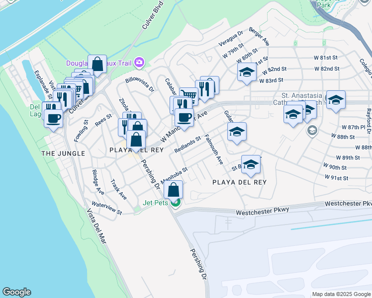 map of restaurants, bars, coffee shops, grocery stores, and more near 8163 Redlands Street in Los Angeles