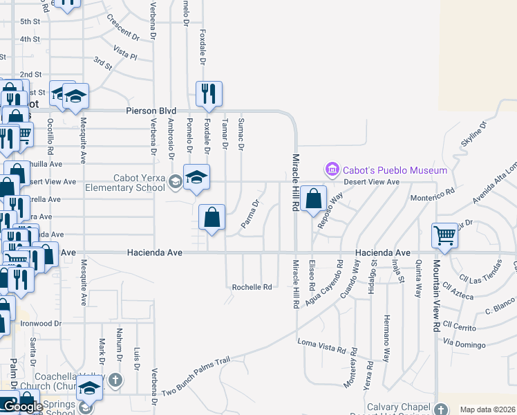 map of restaurants, bars, coffee shops, grocery stores, and more near 12700 Parma Drive in Desert Hot Springs