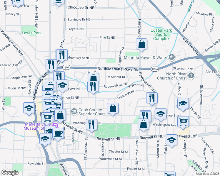 map of restaurants, bars, coffee shops, grocery stores, and more near 370 Roosevelt Circle Northeast in Marietta