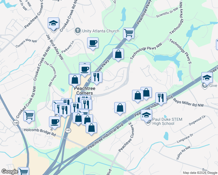 map of restaurants, bars, coffee shops, grocery stores, and more near 5913 Oxford Chase Circle in Peachtree Corners