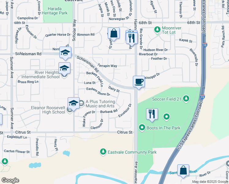 map of restaurants, bars, coffee shops, grocery stores, and more near 12718 Dairy Street in Corona