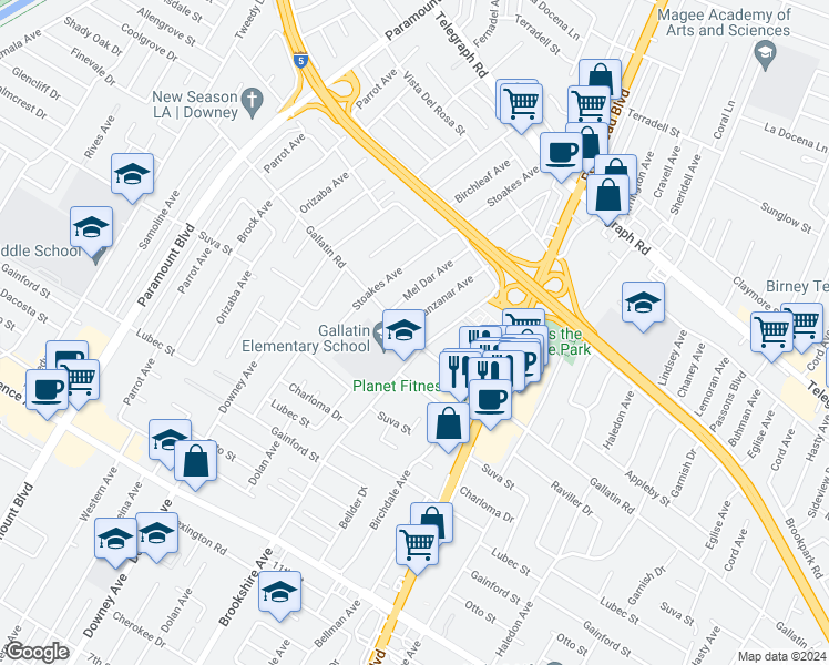 map of restaurants, bars, coffee shops, grocery stores, and more near 9246 Manzanar Avenue in Downey