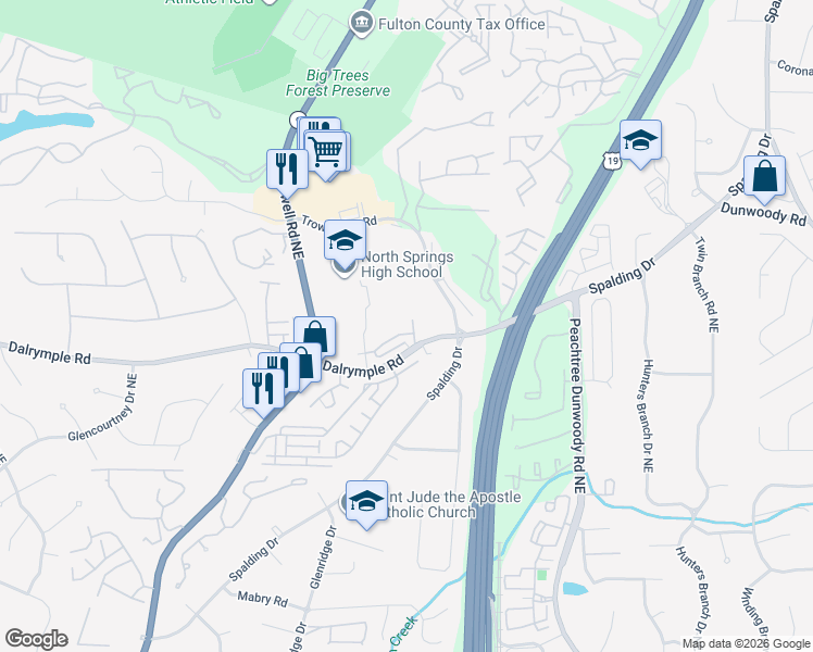 map of restaurants, bars, coffee shops, grocery stores, and more near 750 Dalrymple Road in Atlanta