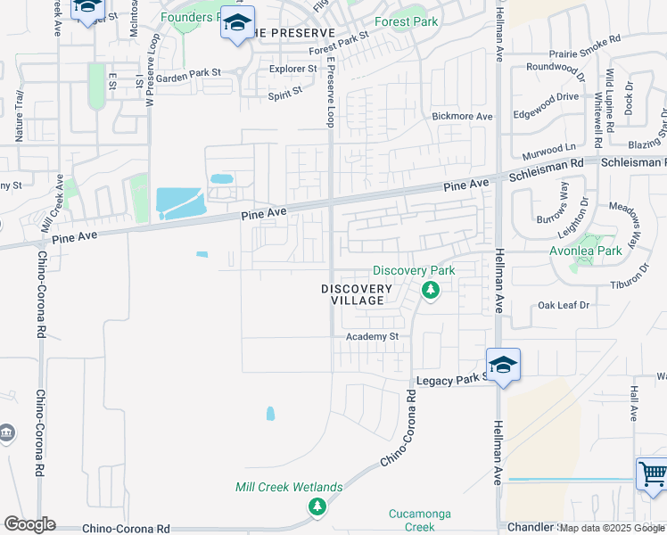 map of restaurants, bars, coffee shops, grocery stores, and more near 13679 East Preserve Loop in Chino