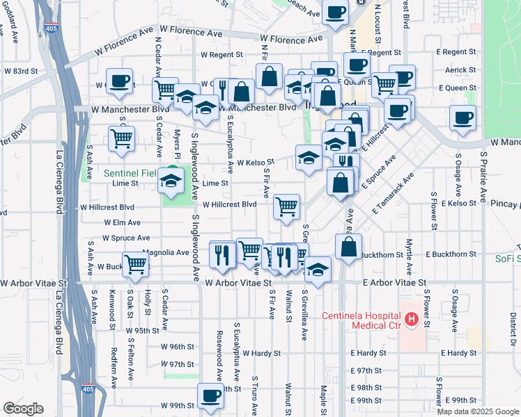 map of restaurants, bars, coffee shops, grocery stores, and more near 521 South Fir Avenue in Inglewood