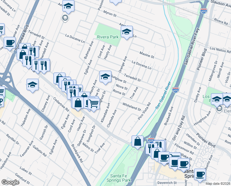 map of restaurants, bars, coffee shops, grocery stores, and more near 8501 Orange Avenue in Pico Rivera