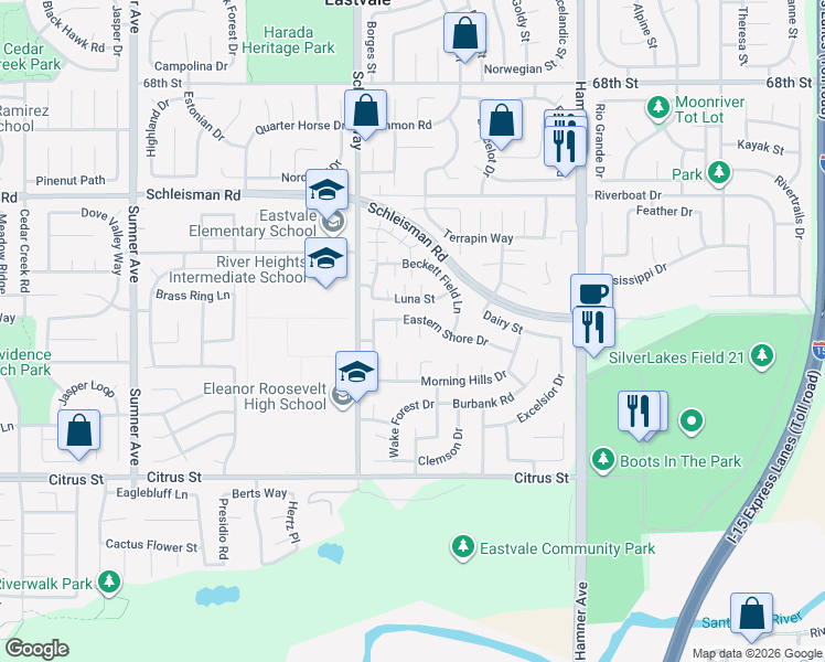 map of restaurants, bars, coffee shops, grocery stores, and more near 7251 Blue Crab Court in Corona