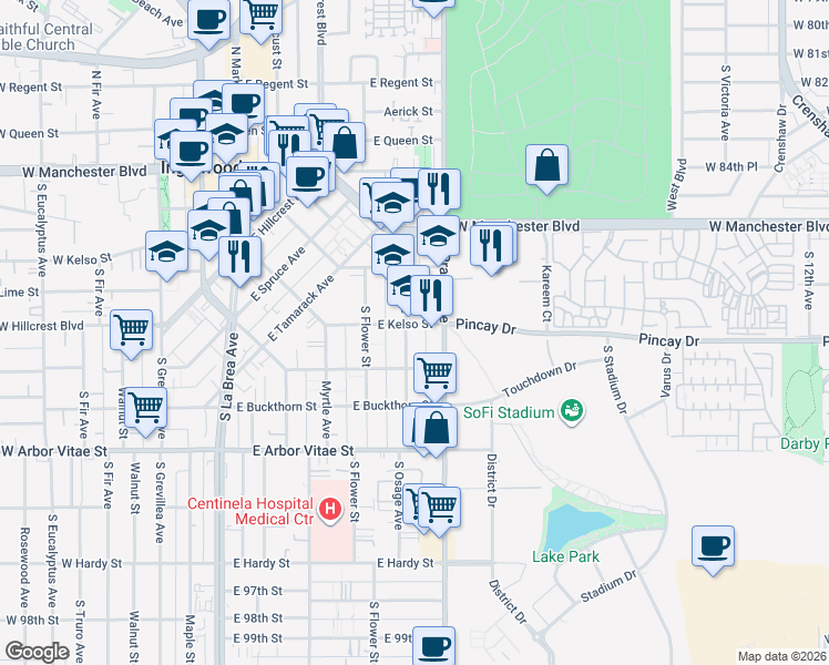 map of restaurants, bars, coffee shops, grocery stores, and more near 804 East Kelso Street in Inglewood