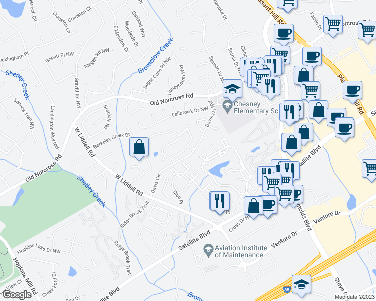 map of restaurants, bars, coffee shops, grocery stores, and more near 4004 Oak Glenn Drive in Duluth