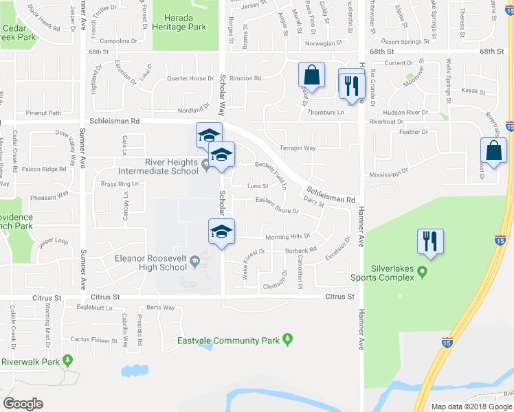 map of restaurants, bars, coffee shops, grocery stores, and more near 7251 Blue Crab Court in Corona