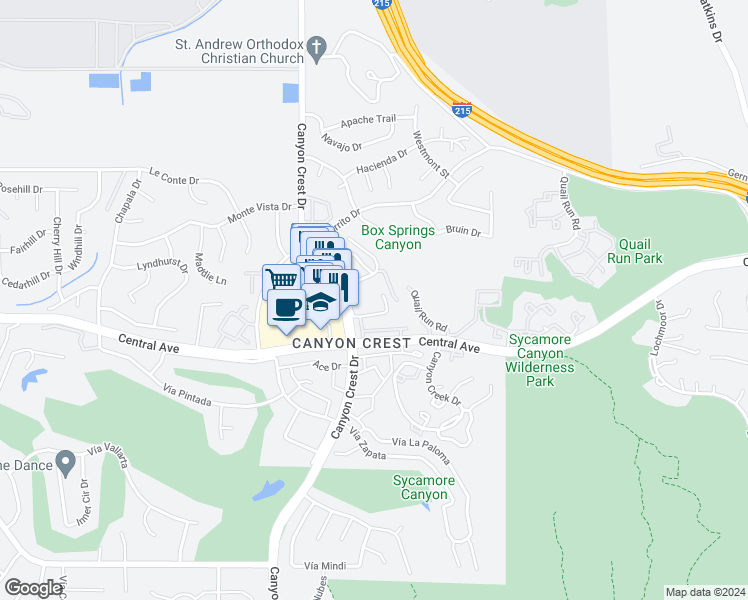 map of restaurants, bars, coffee shops, grocery stores, and more near 5300 Canyon Crest Drive in Riverside