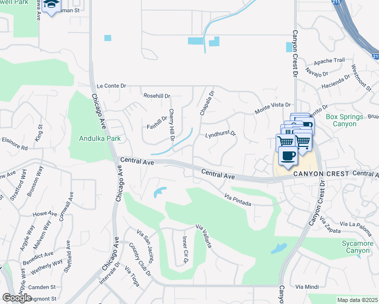 map of restaurants, bars, coffee shops, grocery stores, and more near 1321 Grovehill Drive in Riverside