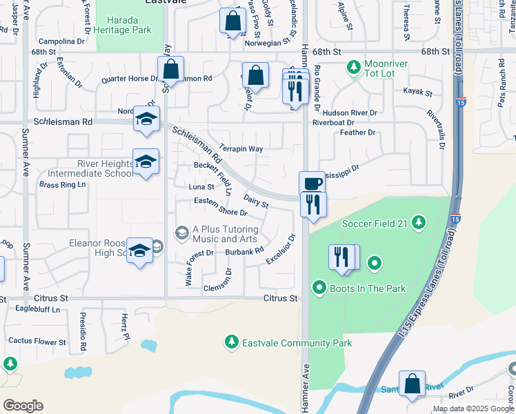 map of restaurants, bars, coffee shops, grocery stores, and more near 12718 Dairy Street in Corona