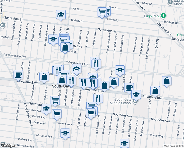 map of restaurants, bars, coffee shops, grocery stores, and more near 8611 California Avenue in South Gate