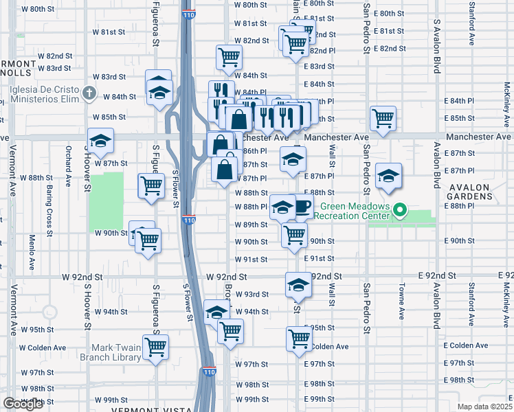 map of restaurants, bars, coffee shops, grocery stores, and more near 212 West 88th Street in Los Angeles
