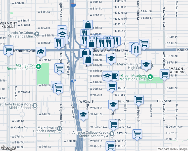 map of restaurants, bars, coffee shops, grocery stores, and more near 212 West 88th Street in Los Angeles