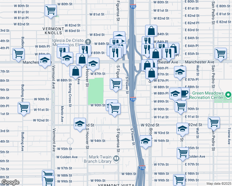 map of restaurants, bars, coffee shops, grocery stores, and more near 8810 South Figueroa Street in Los Angeles