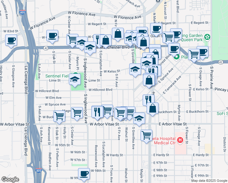 map of restaurants, bars, coffee shops, grocery stores, and more near 521 South Fir Avenue in Inglewood
