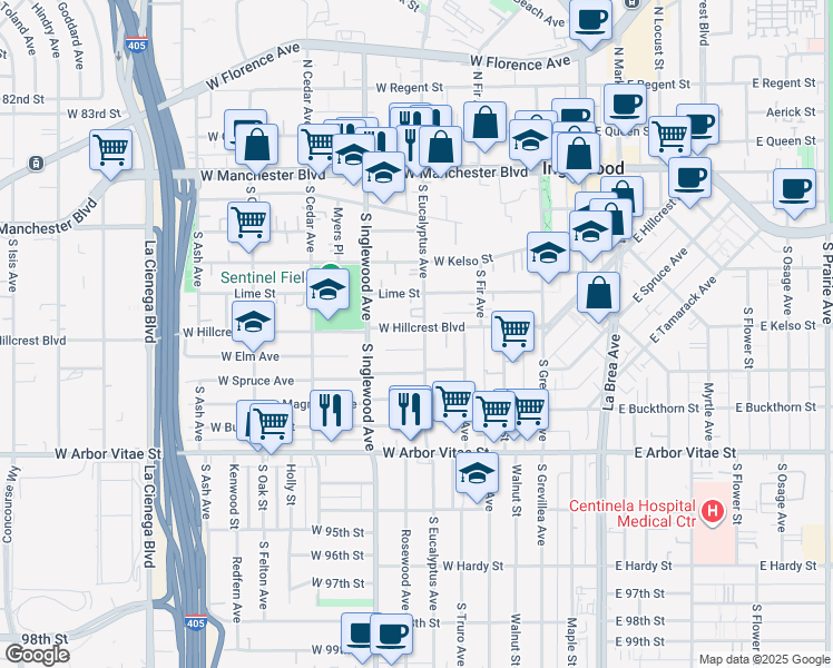 map of restaurants, bars, coffee shops, grocery stores, and more near 323 West Hillcrest Boulevard in Inglewood
