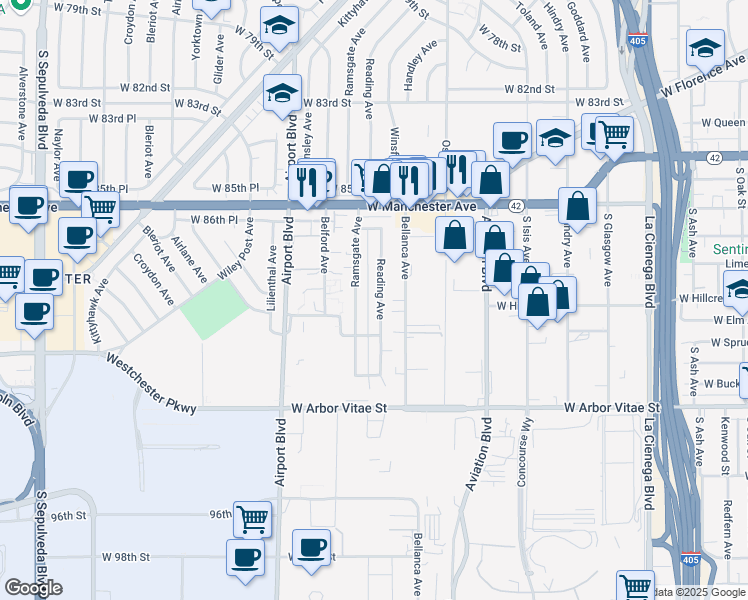 map of restaurants, bars, coffee shops, grocery stores, and more near 8828 Reading Avenue in Los Angeles